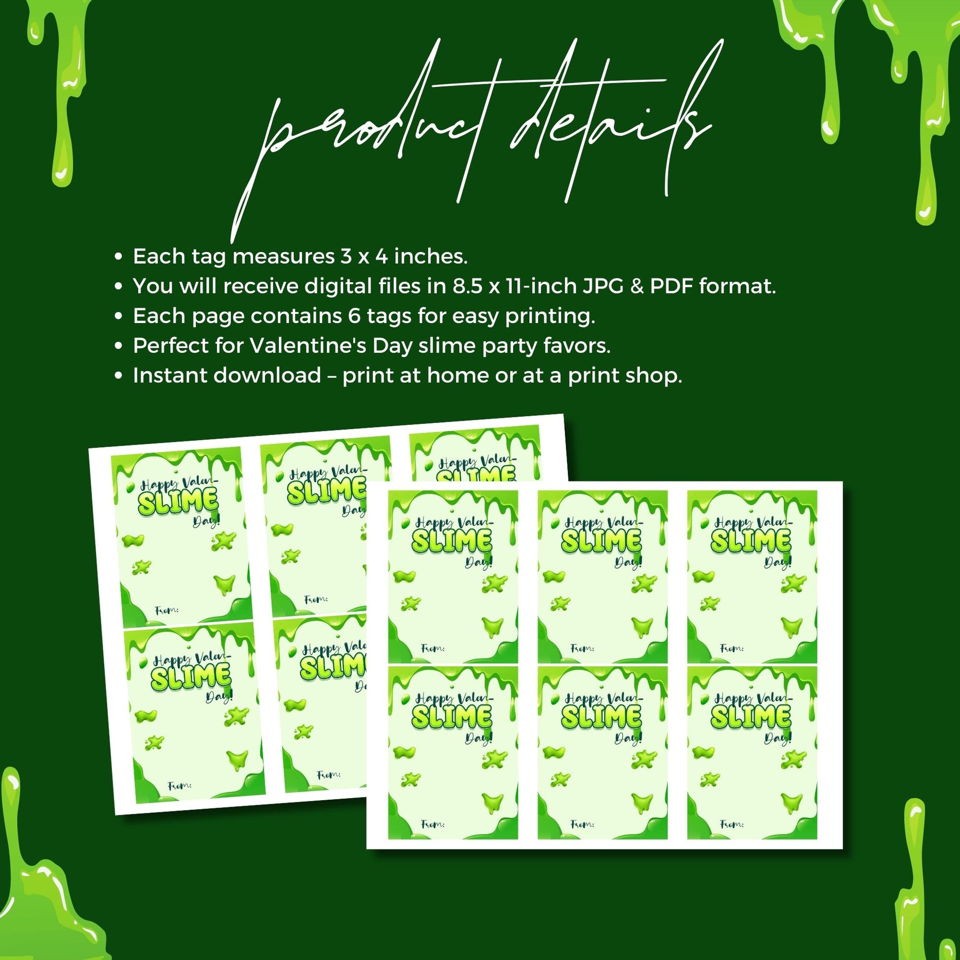 Slime Valentine Tags Digital Download, 3x4 Inch Printable Valentine Cards, Slime Gift Tags, Kids Valentines, 8.5x11 JPG PDF, Classroom Valentines