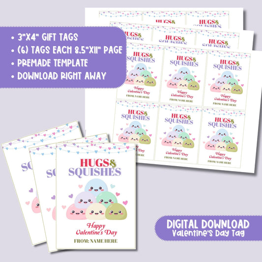 Hugs & Squishes Valentine’s Day Tags | Editable Corjl Template | Printable 3x4 Valentine Tags | Cute Kawaii Valentine's Gift Tags