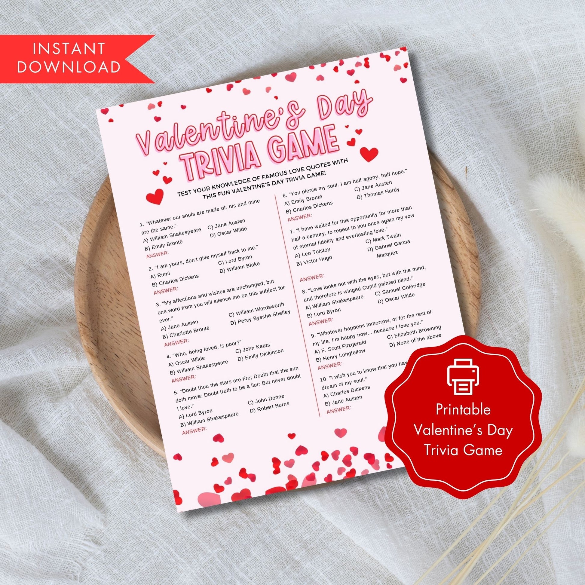 Valentine's Day Trivia Game 8.5x11 - Fun Printable Valentine's Day Activity - Instant Download, Print at Home, Pink Red Heart Theme Party Game