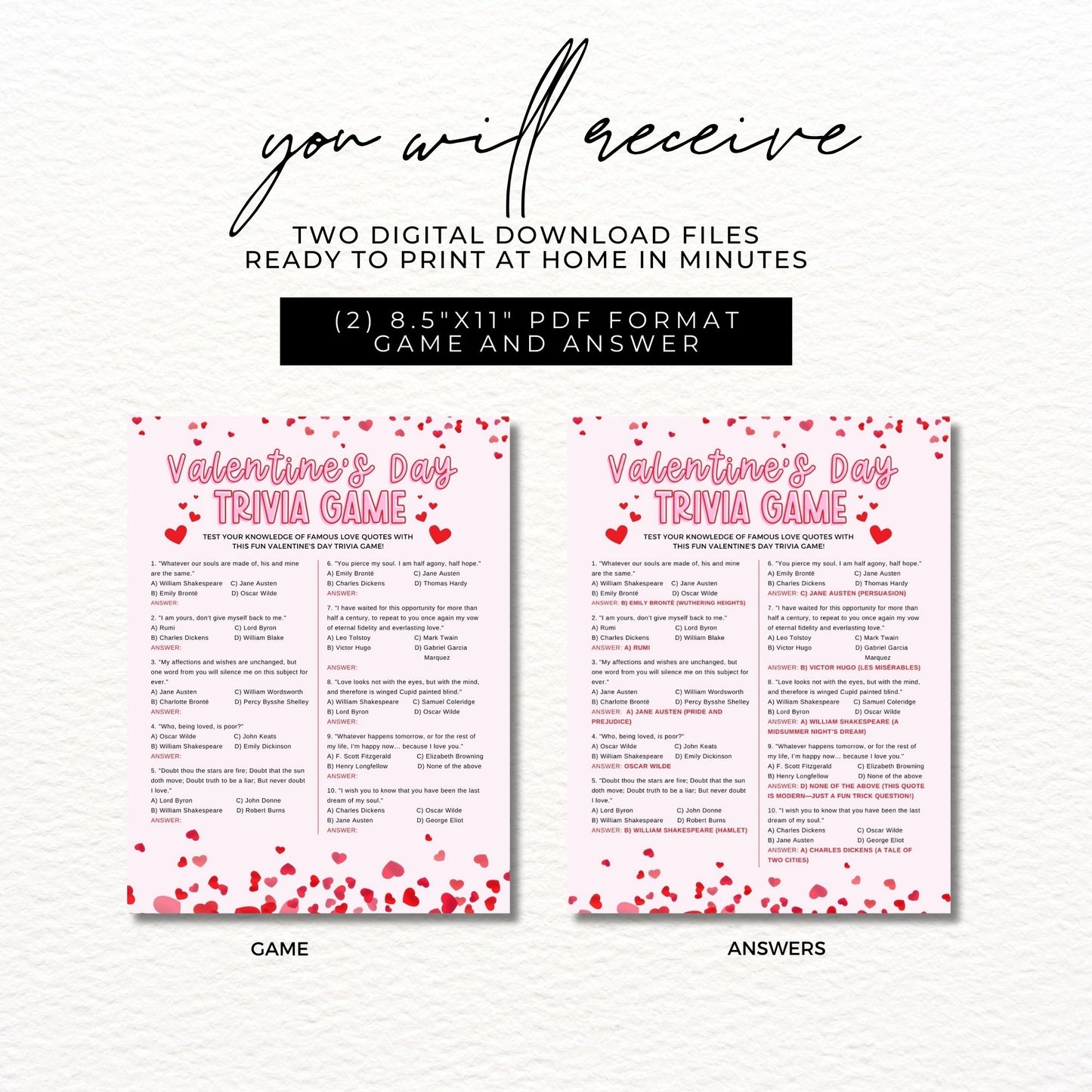 Valentine's Day Trivia Game 8.5x11 - Fun Printable Valentine's Day Activity - Instant Download, Print at Home, Pink Red Heart Theme Party Game