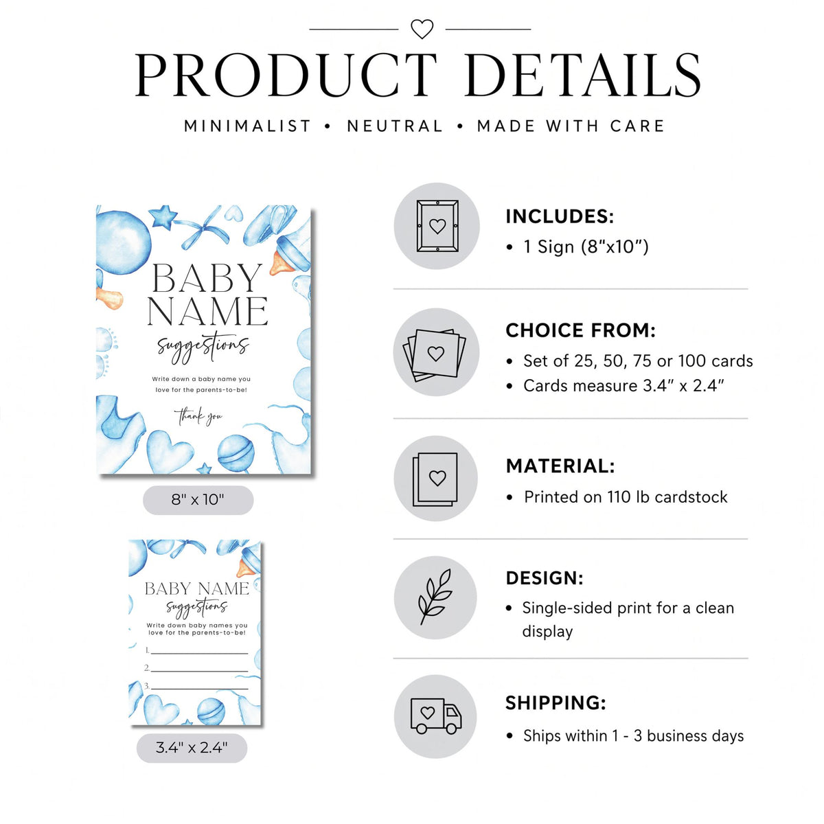 Product details graphic for a baby shower sign and card set, showing the front of a blue-and-white sign with balloons, stars, and small illustrations, plus icons and text listing included items, card sizes, material, design, and shipping.