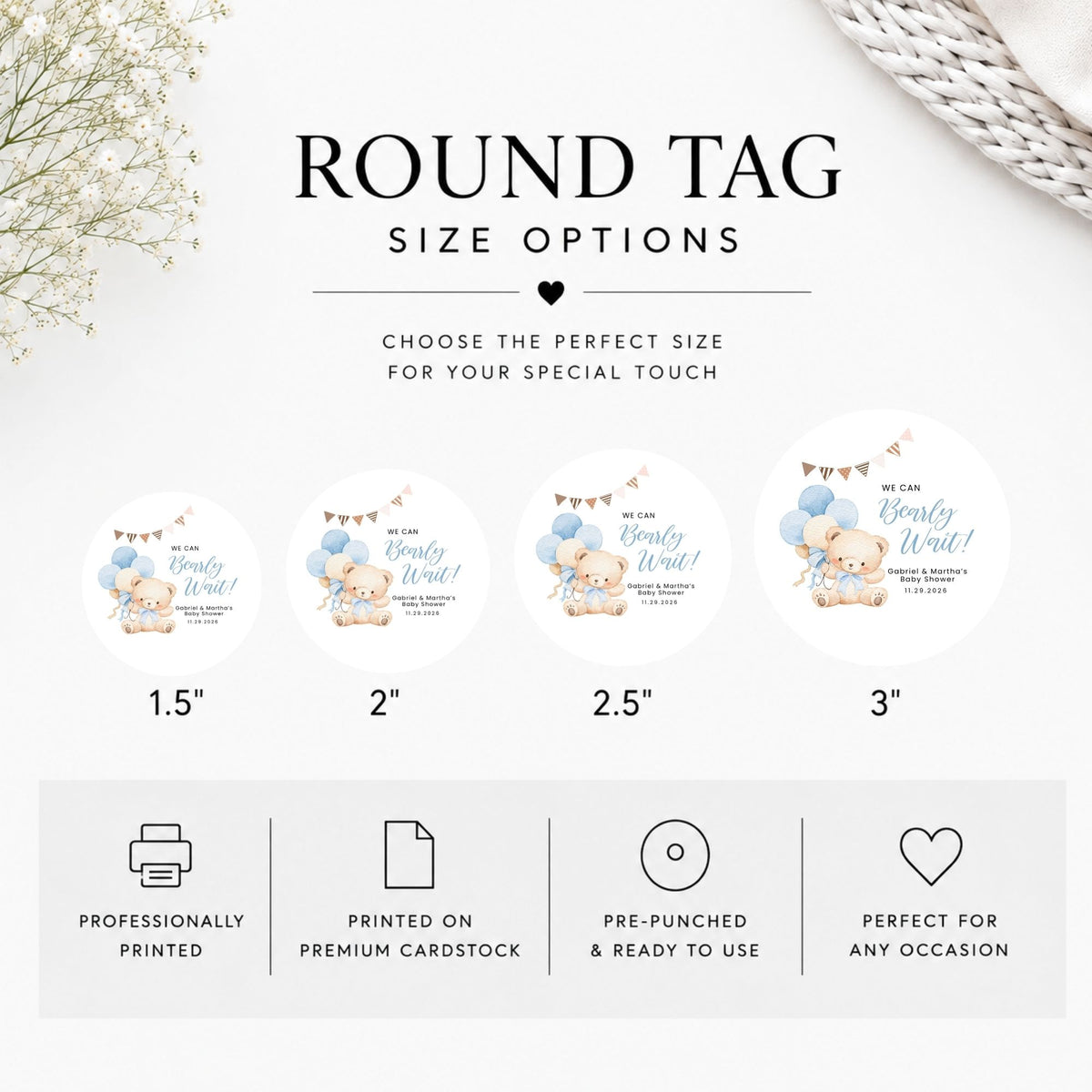 Round baby shower favor tags with a teddy bear and balloons design, showing size options from 1.5 to 3 inches and marketing text about printed cardstock and professional printing.