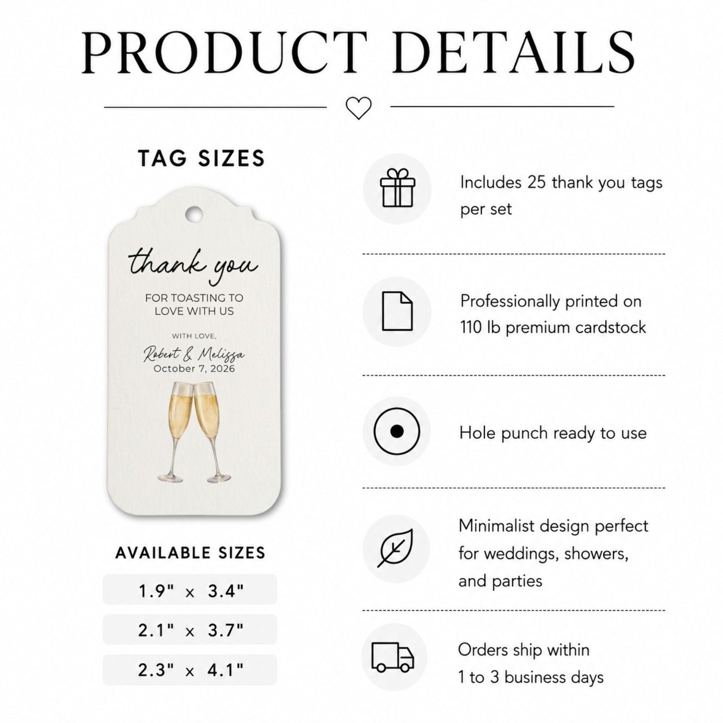 Product details graphic for wedding thank you tags, showing a sample personalized tag with two champagne glasses and text, plus tag sizes and feature callouts on a white background.