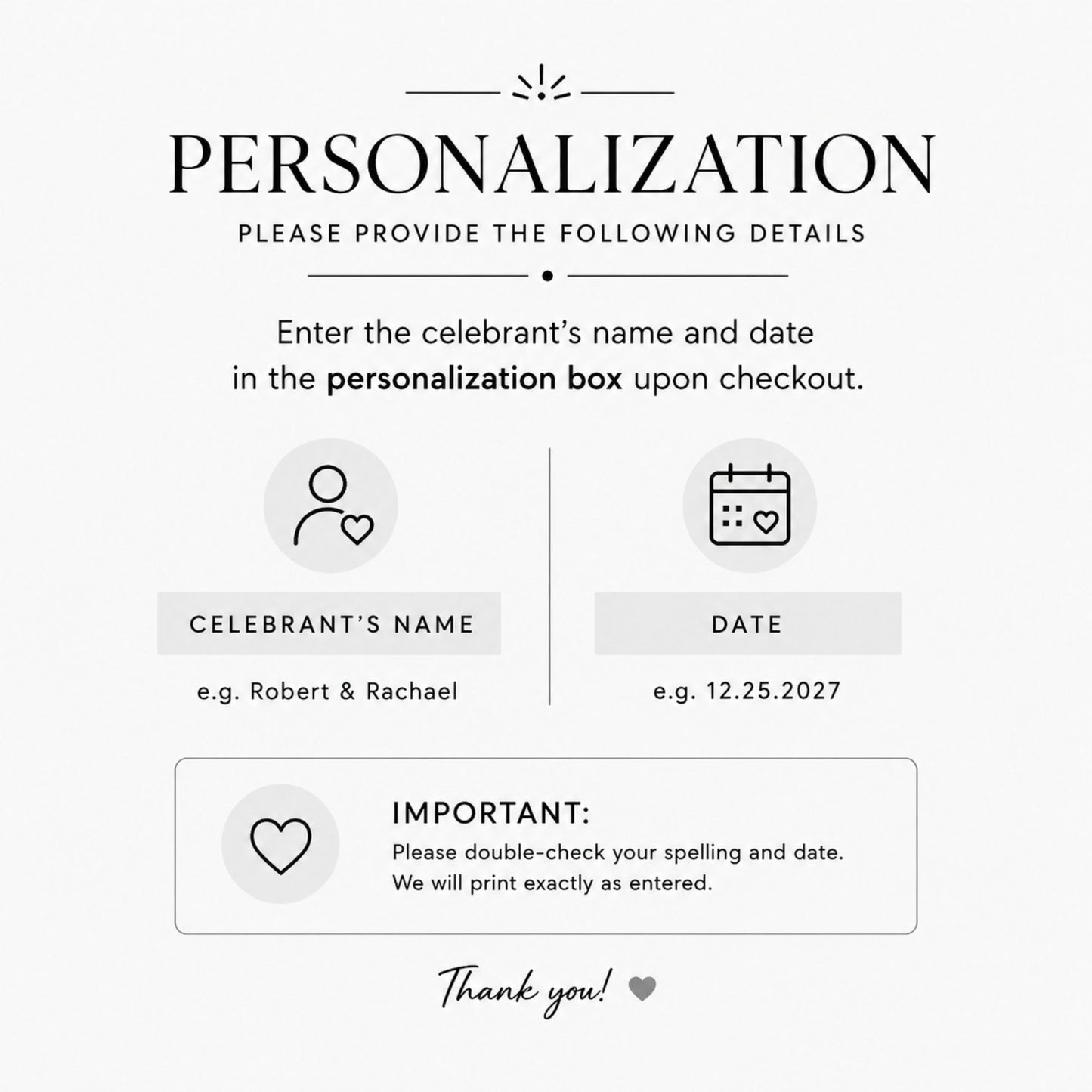 A digital graphic explaining how to personalize a product, with text fields for 'Celebrant's Name' and 'Date', icons, and a thank you message at the bottom on a light gray background.