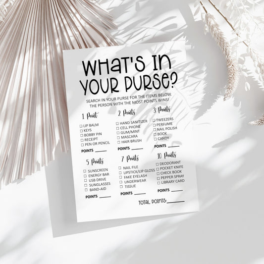 What's in Your Purse? Bridal Shower Game, Simple Black and White Design, Fun Printable Party Activity, Instant Download