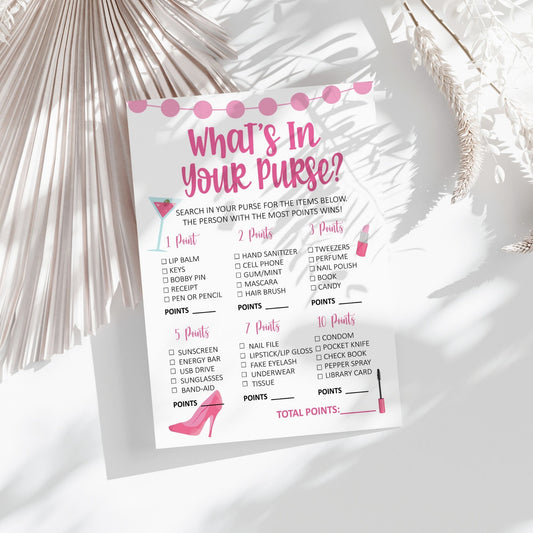 What's in Your Purse? Bridal Shower Game, Pink Glam Theme, Fun Printable Party Activity, Instant Download