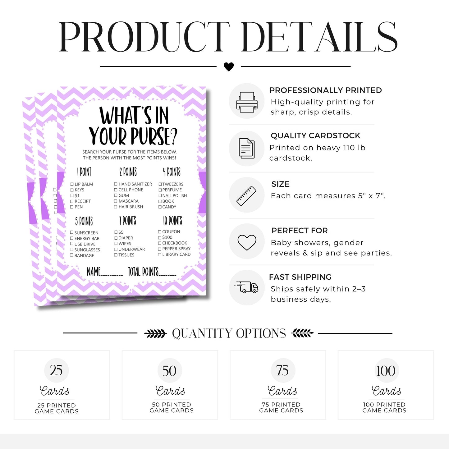 Product details graphic for a baby shower game card set. The main item shown is a purple and white chevron-bordered game card sheet titled 'What's in Your Purse?' with a scoring list and point values.