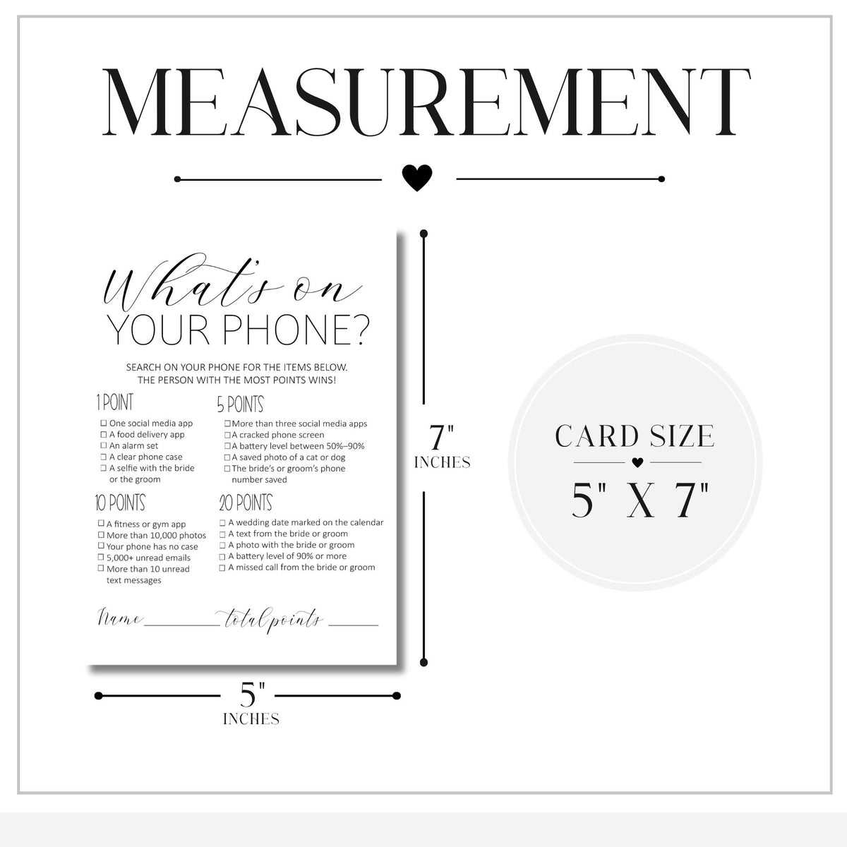A measurement diagram for a phone-themed wedding card or invitation template, showing a sample card layout with dimensions labeled 5 inches by 7 inches on a white background.