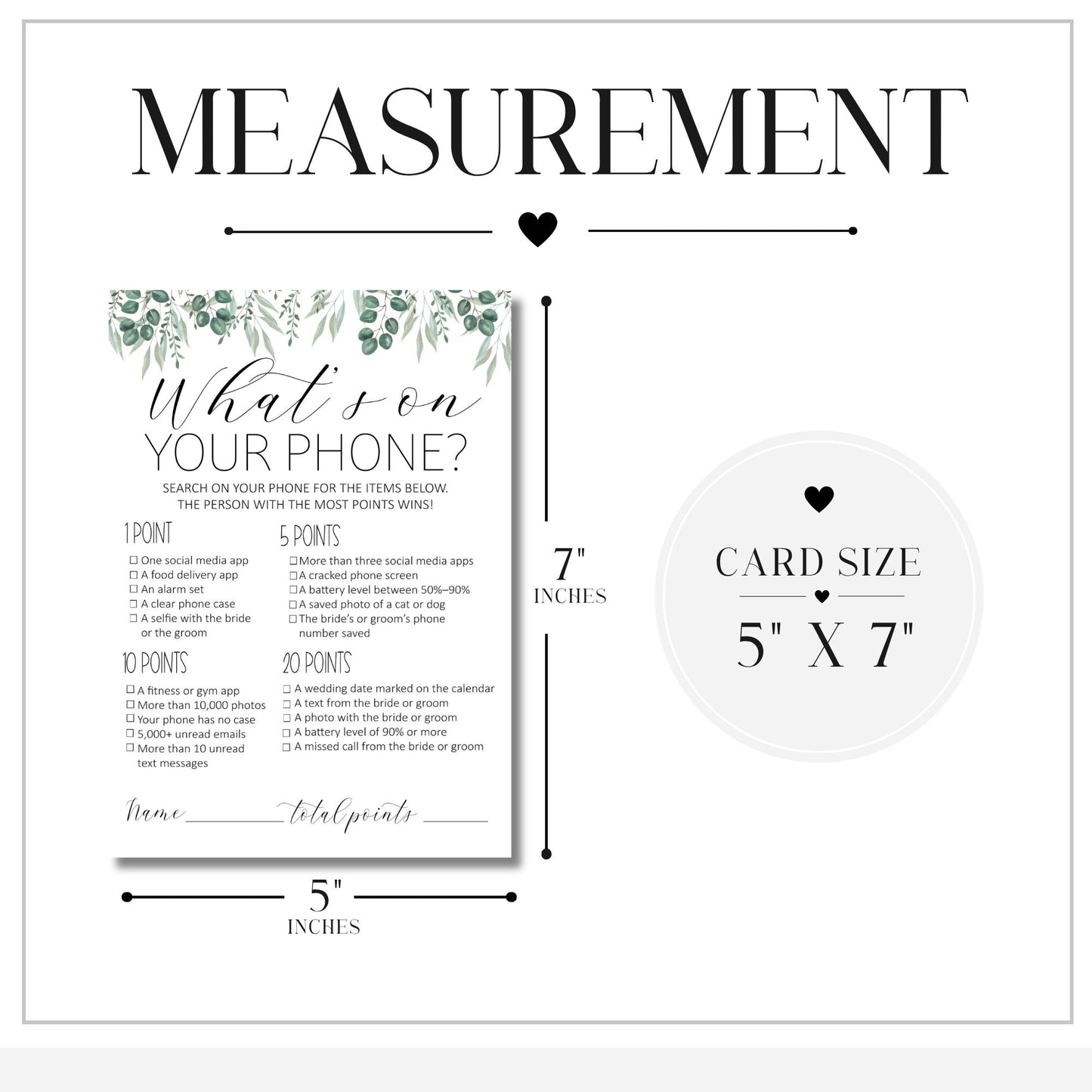 A measurement graphic for a phone-themed card, showing a sample card design, dimensions of 5 by 7 inches, and a heart icon with the text 'CARD SIZE 5" X 7"'.