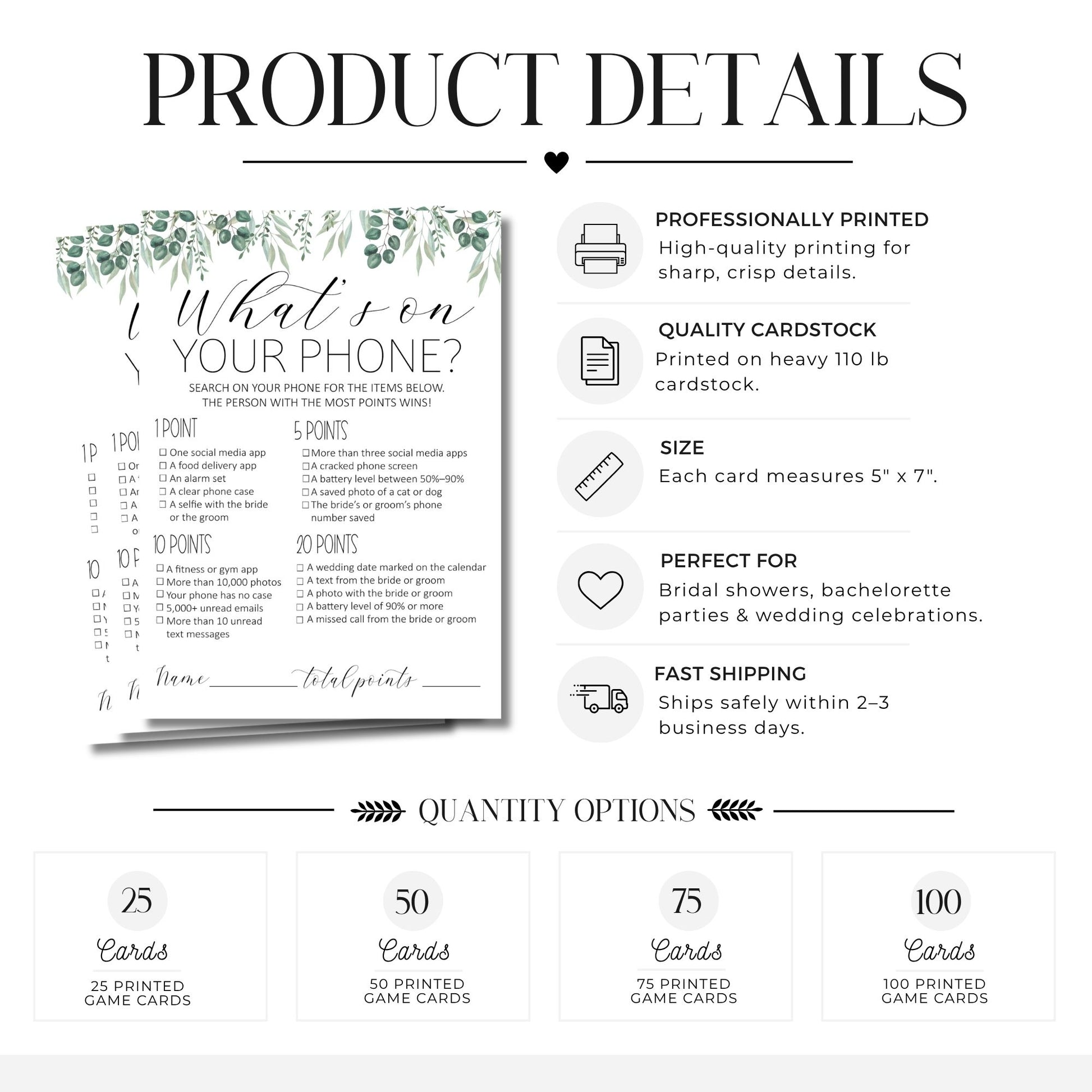 Product details graphic for a phone game card set, showing a sample card with green leafy accents and text, plus feature callouts and quantity options for 25, 50, 75, and 100 cards.