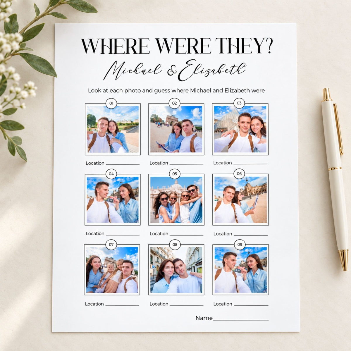 A personalized 'Where Were They' photo print for Michael & Elizabeth, styled on a light beige background with a white pen and green leaves. The print features nine photo slots with labeled locations and blank lines for names.