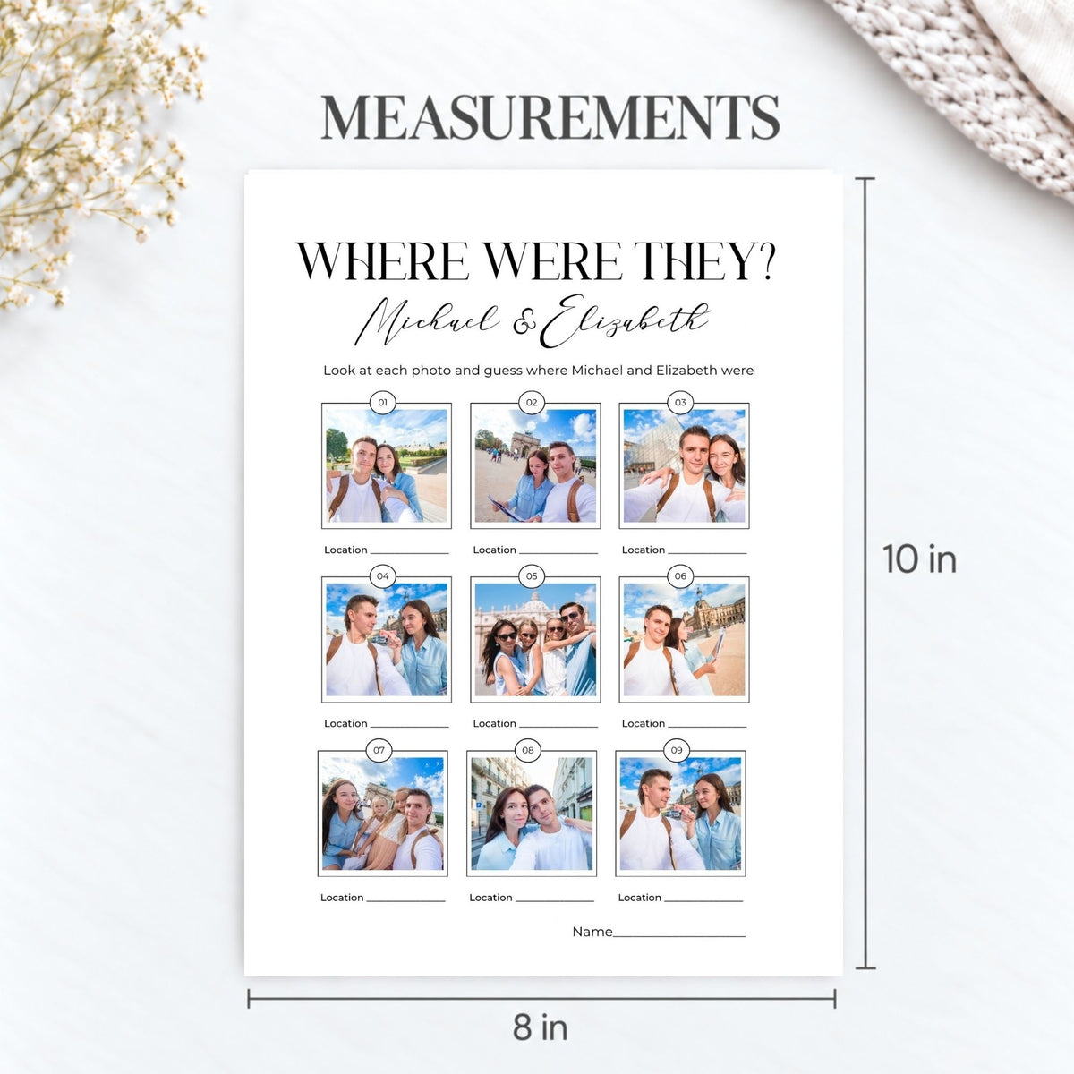 A personalized photo measurement chart template titled 'WHERE WERE THEY? Medical & Elizabeth' with placeholder photos and dimensions marked 10 in tall and 8 in wide, shown on a light marble background with decorative dried flowers and a knit fabric corner.