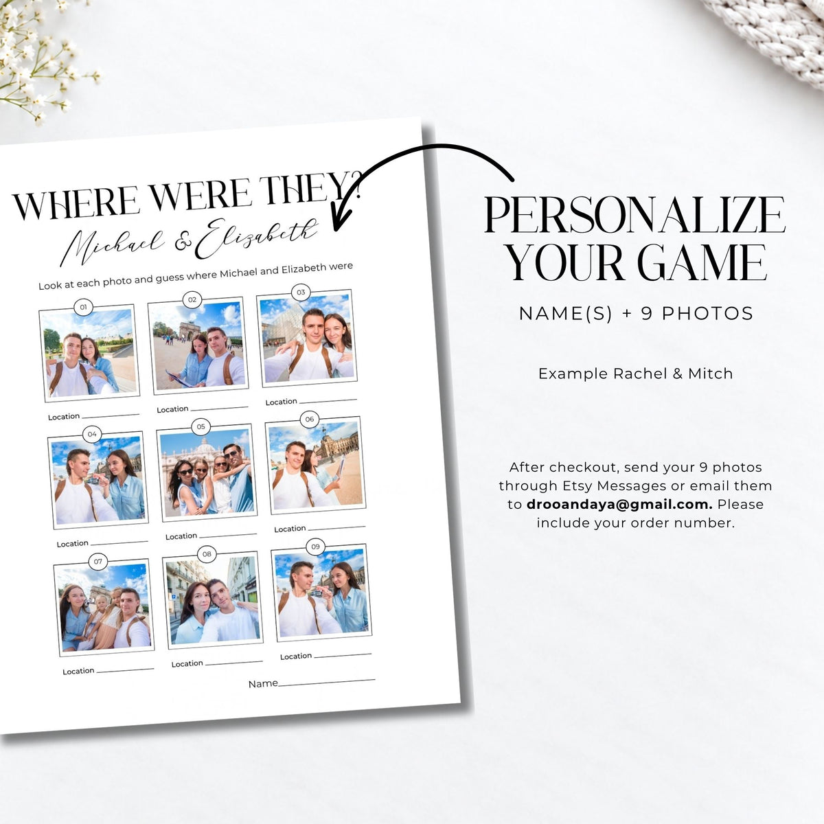 Personalized photo game printout template on a white background, showing a left column with placeholder photos and questions for Michael & Elizabeth, plus a right column with text reading 'Personalize Your Game' and example customization details.