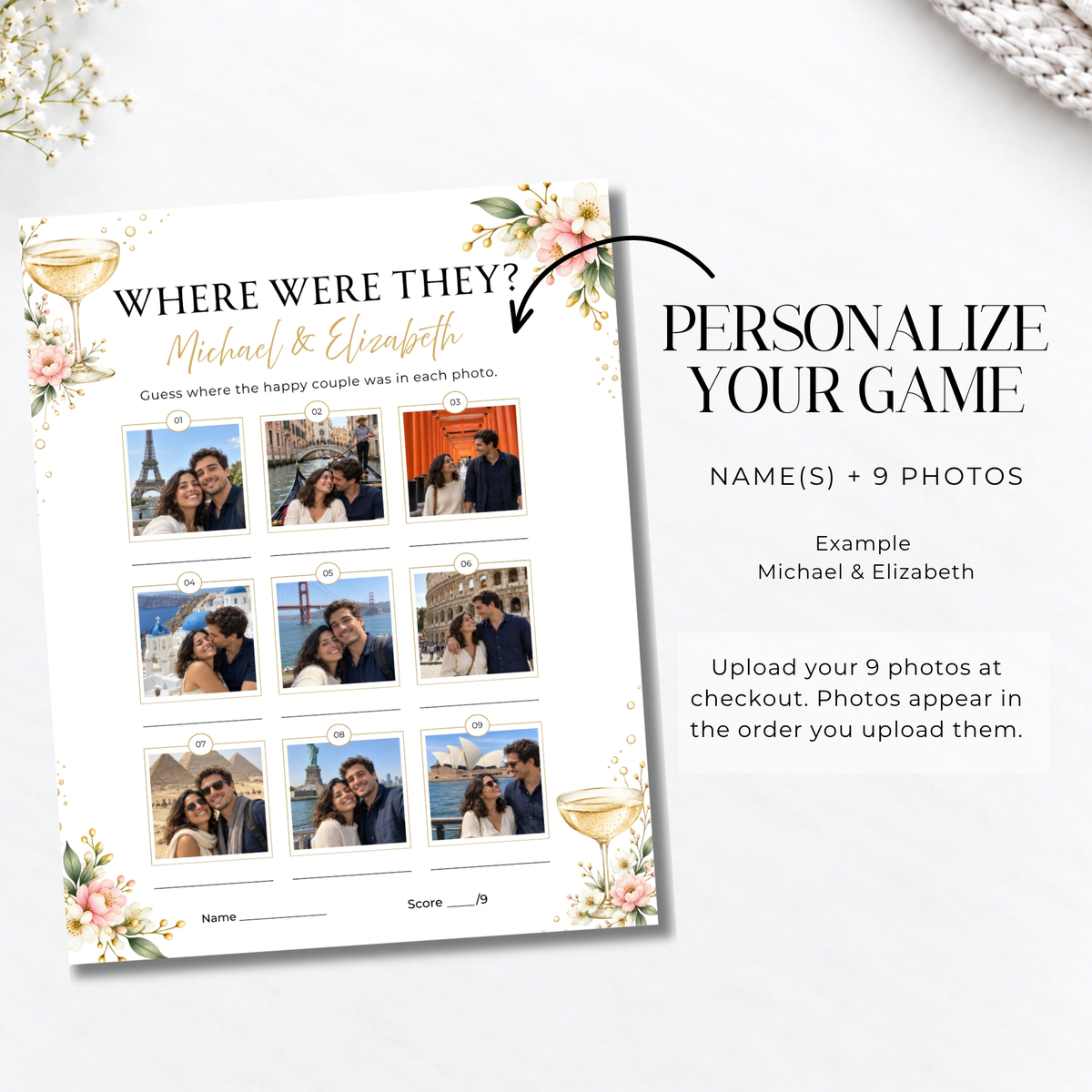 Personalization guide showing where the couple’s names and nine uploaded photos appear on the bridal shower game sheet.