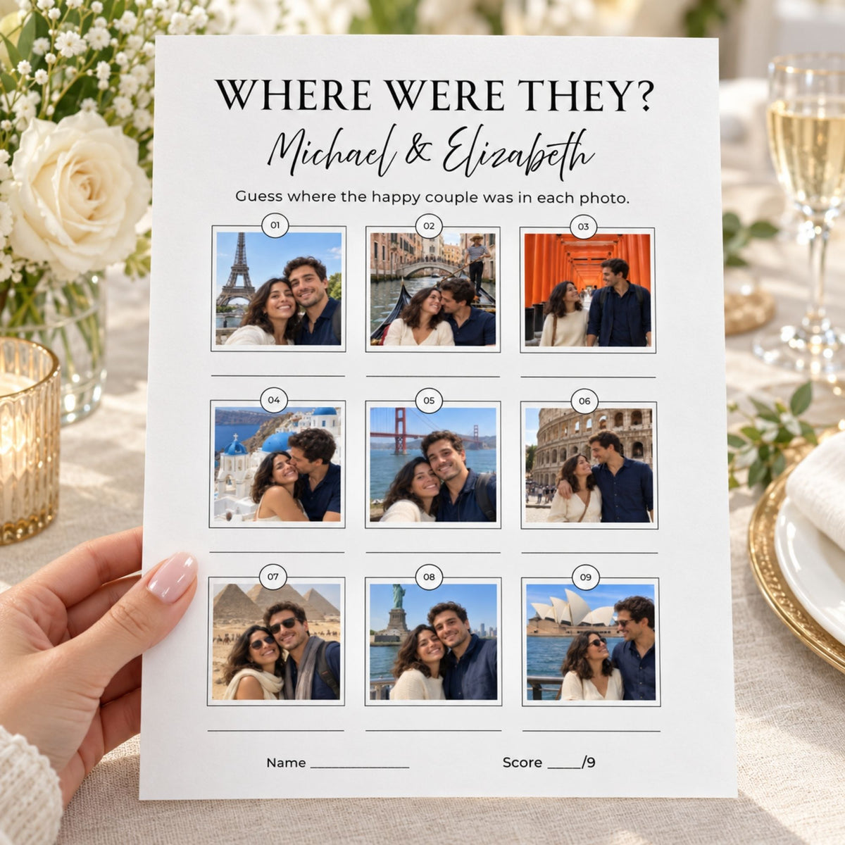 A hand holds a printed custom photo puzzle card titled 'WHERE WERE THEY? Michael & Elizabeth' with nine small couple photos and fill-in lines, set on a decorated table with flowers and glasses.