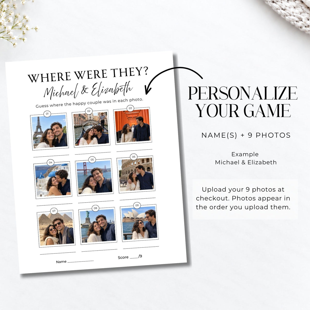 A printed party game card titled "WHERE WERE THEY?" shown on a white background beside text that says "PERSONALIZE YOUR GAME" and instructions for uploading 9 photos. The card includes sample photo grids and customizable names.