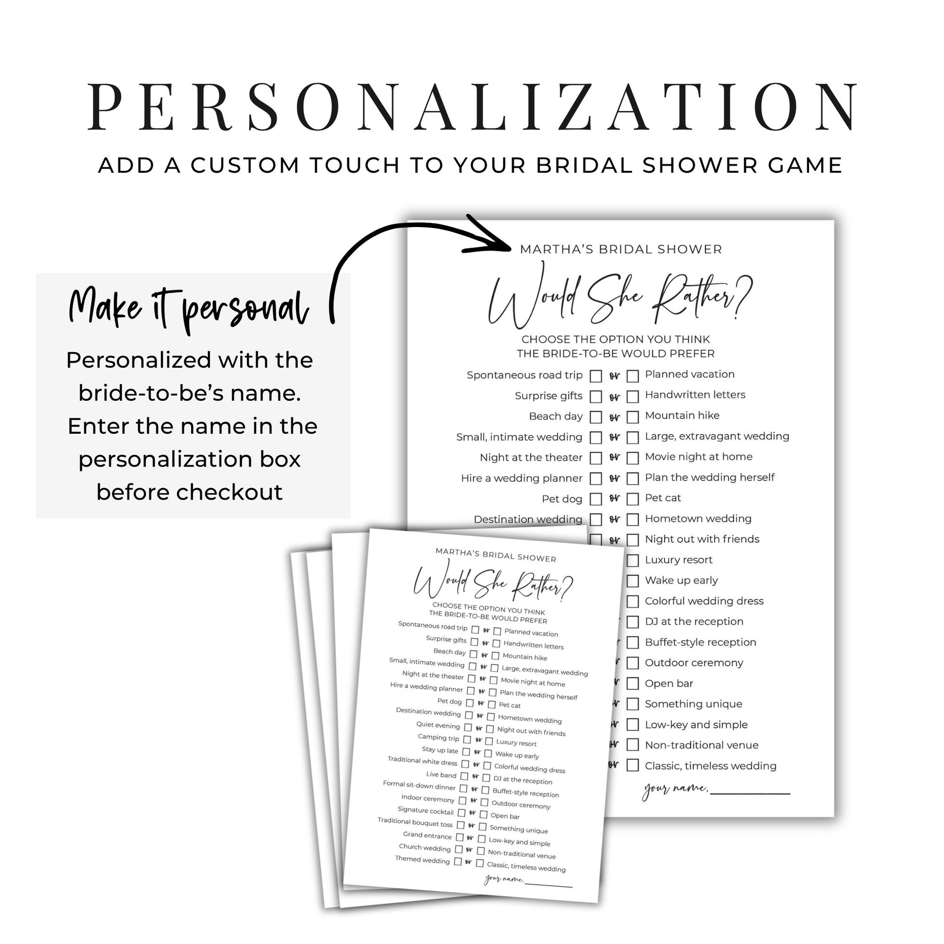 A personalization guide infographic titled "PERSONALIZATION" with the subtitle "Add a custom touch to your bridal shower game." It features two game cards overlapping. On the left, a light gray text box says "Make it personal. Personalized with the bride-to-be's name. Enter the name in the personalization box before checkout." A curved black arrow points from this text to "Martha's Bridal Shower" at the top of the card.