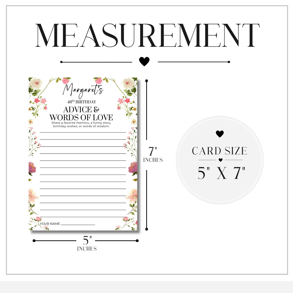 A measurement graphic for a floral birthday advice card, showing the card dimensions as 5 by 7 inches with a circular card size label and the word MEASUREMENT at the top.