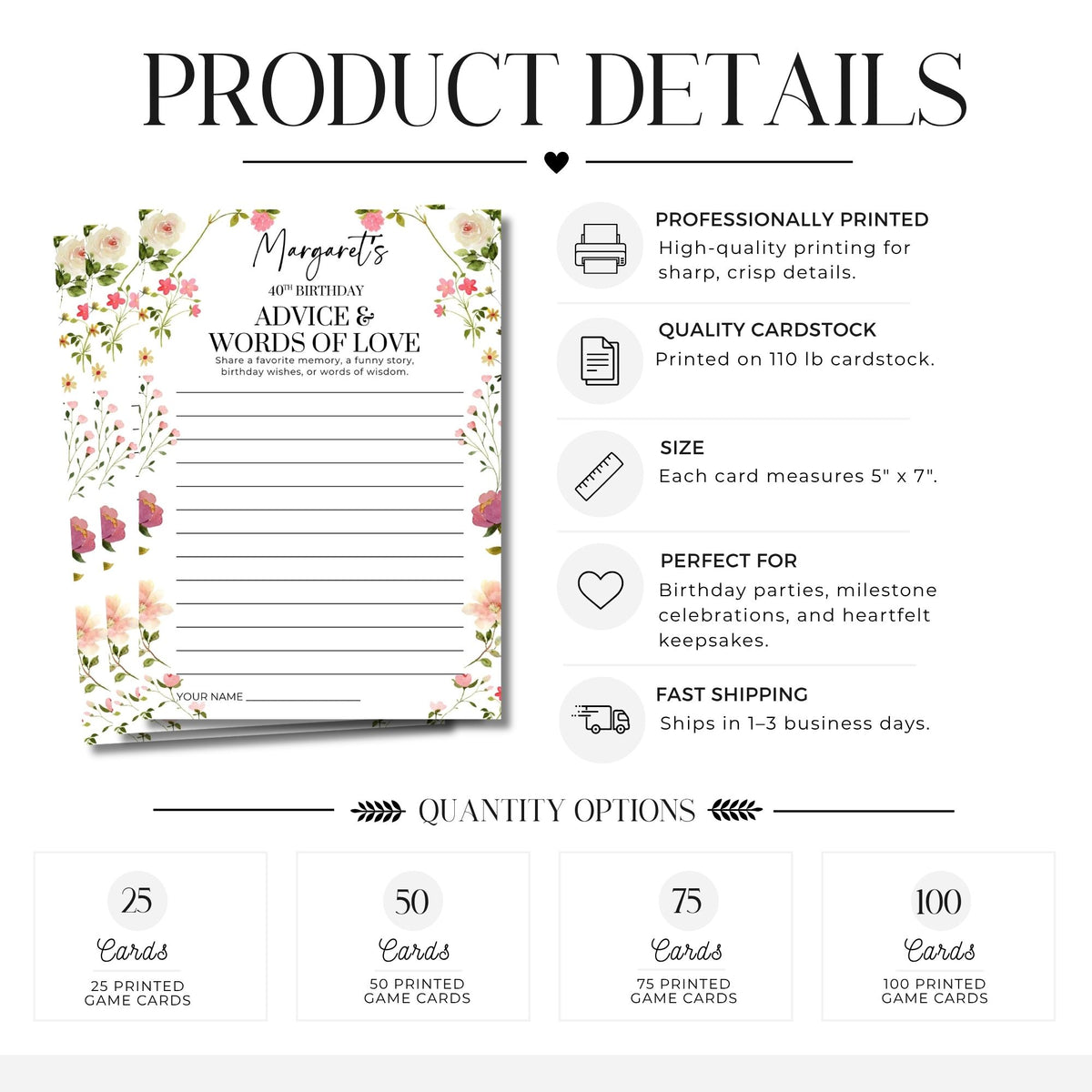 Product details graphic for a floral 'Advice & Words of Love' 4th birthday party game card set. The main card design shows pink and peach flowers with green leaves on a white background.