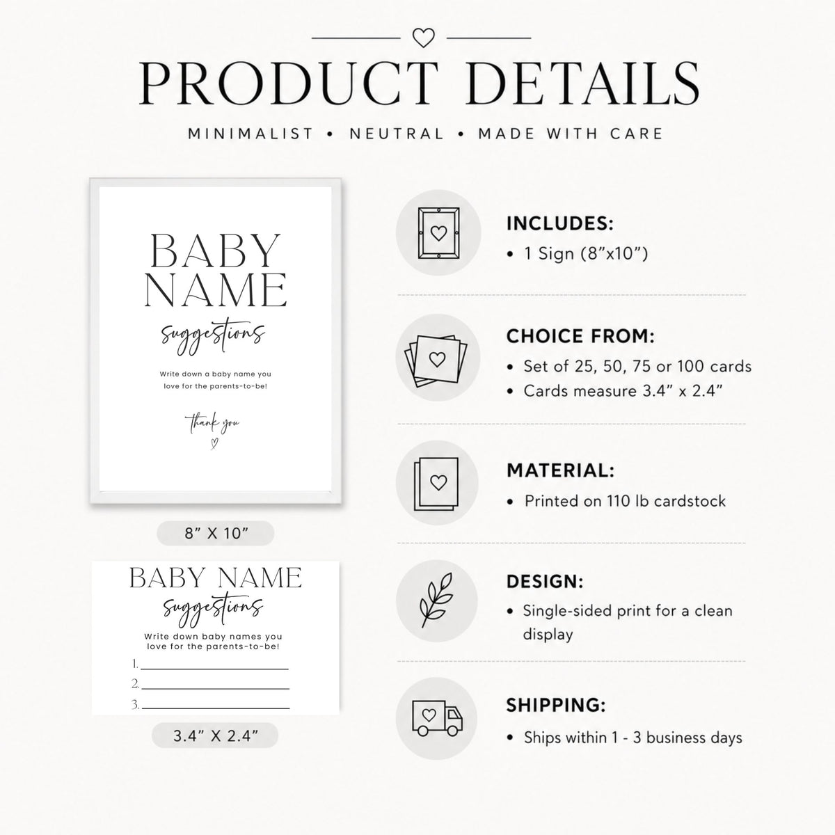 Product details graphic for a minimalist baby name suggestion sign set. The design shows a large 8x10 inch sign and a smaller 3.