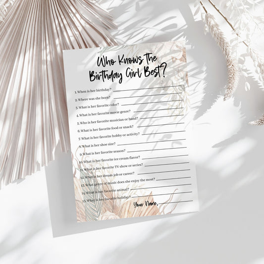 Who Knows the Birthday Girl Best? Fun Birthday Party Game, Printable Trivia Activity, Floral Theme, Instant Download for All Ages