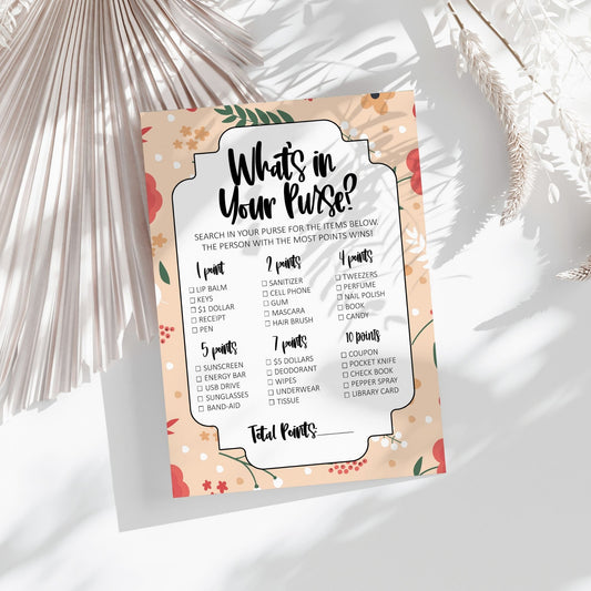 What's in Your Purse? Bridal Shower Game, Floral Theme, Fun Party Activity for Guests, Printable Bridal Game, Instant Download