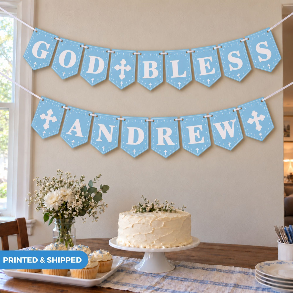 Personalized God Bless Banner – Blue Baptism & Christening Decor