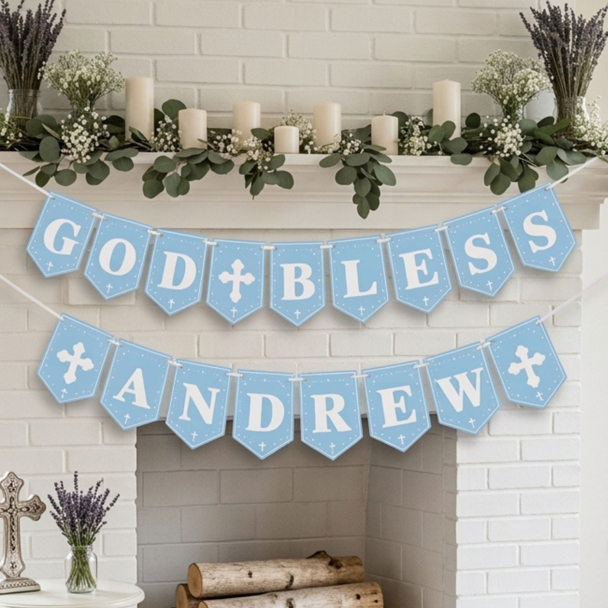 Personalized God Bless Banner – Blue Baptism & Christening Decor