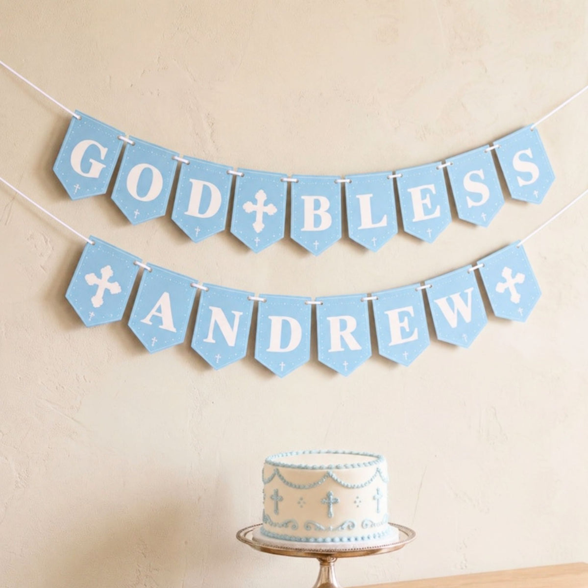 Personalized God Bless Banner – Blue Baptism & Christening Decor