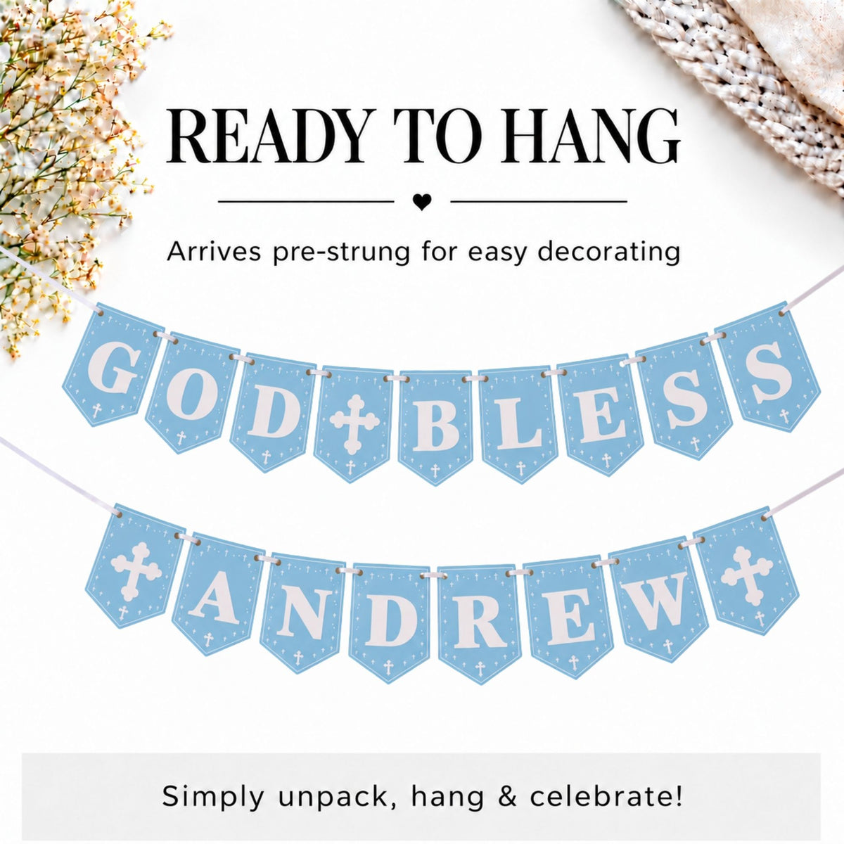 Personalized God Bless Banner – Blue Baptism & Christening Decor
