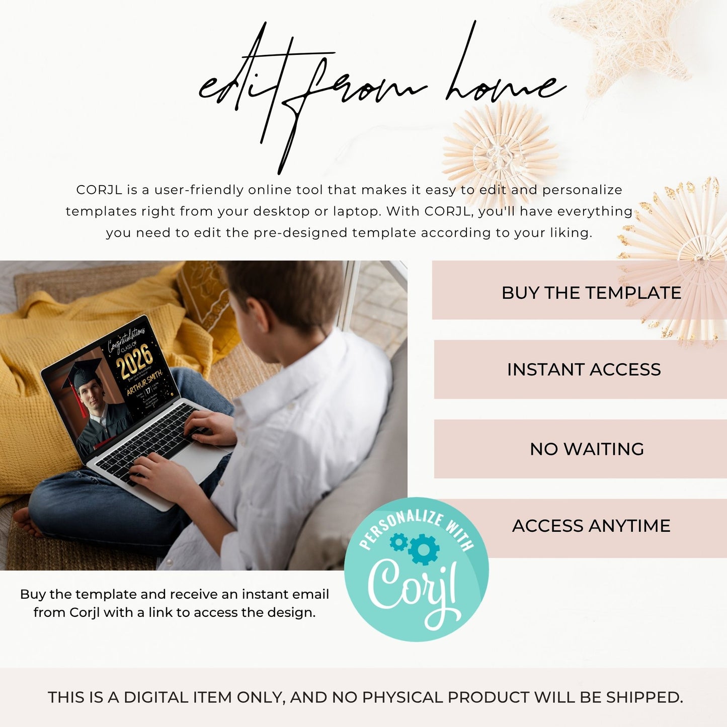 Editable graduation invitation template with black and gold Class of 2026 design shown on a laptop screen, featuring Corjl instant access and editable from home instructions.