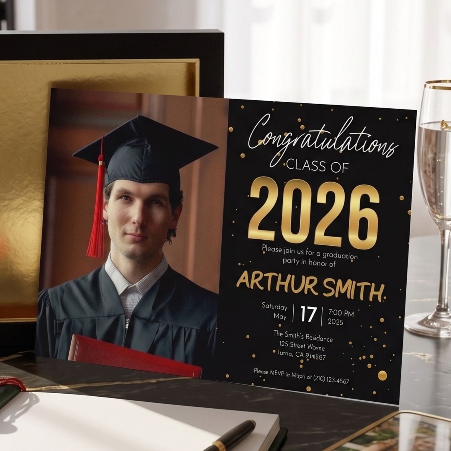 Black and gold Class of 2026 graduation invitation template featuring a graduate photo, editable text, and elegant gold confetti design displayed on a framed desk setup.