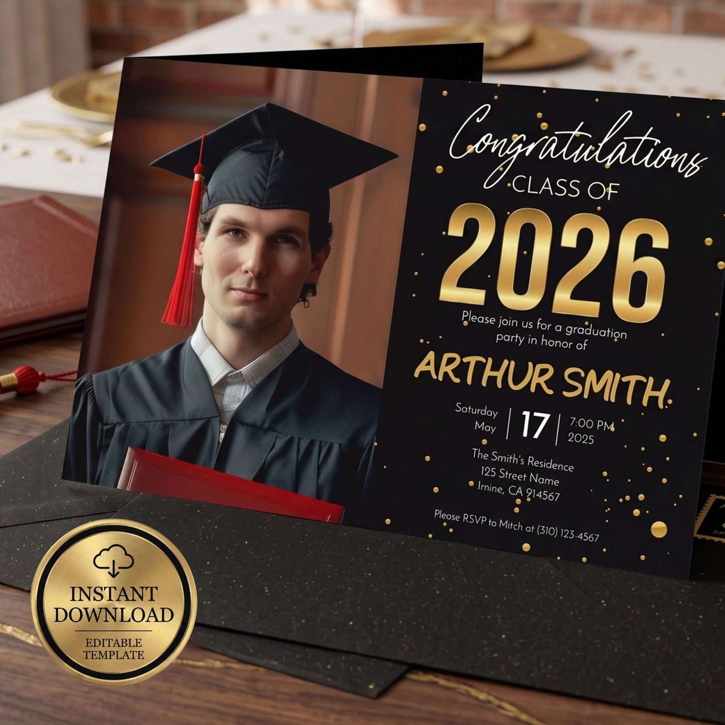Editable Class of 2026 graduation invitation template mockup with black and gold typography, graduate portrait photo, and instant download badge displayed on a table setting.