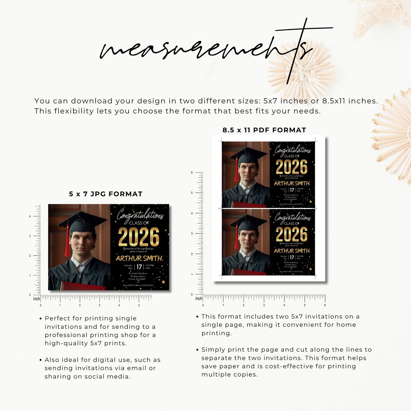 Graduation invitation template measurement guide showing included 5x7 JPG format and 8.5x11 PDF format with two invitations per page for easy home printing.