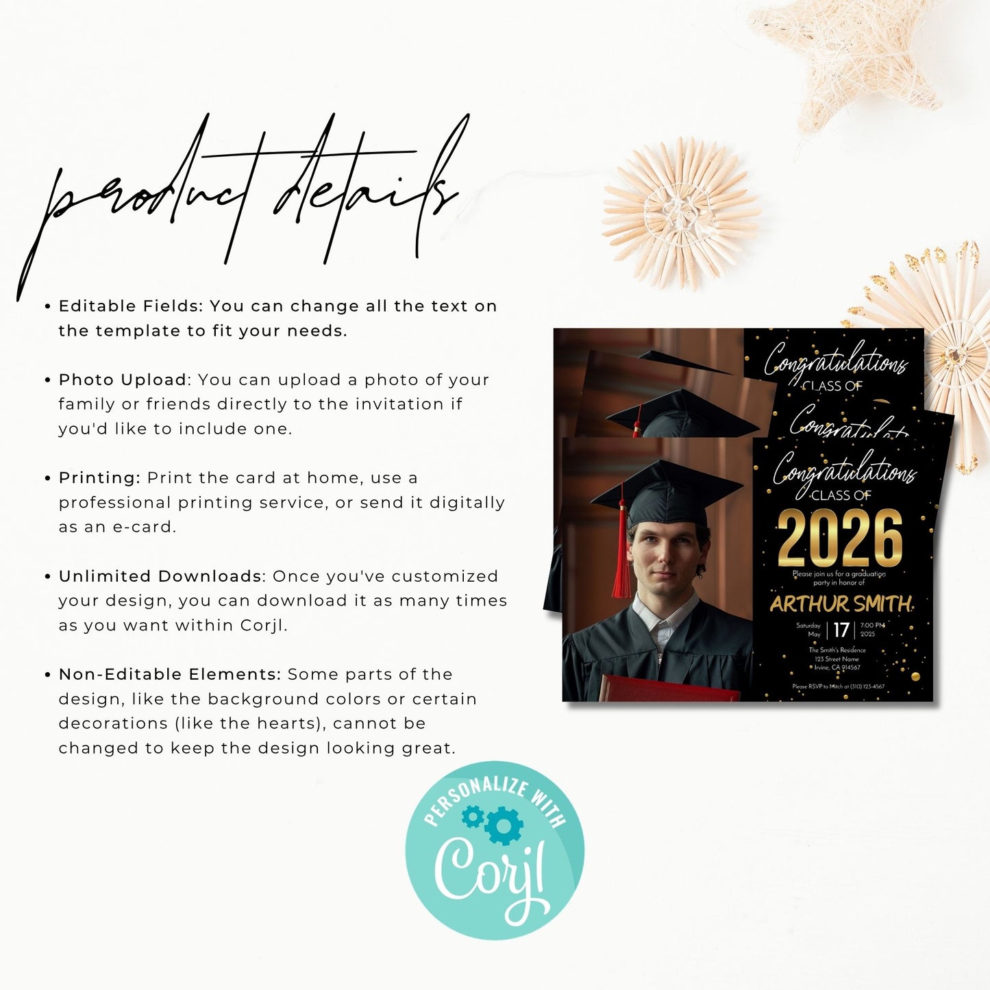 Product details for editable Class of 2026 graduation invitation template explaining editable text, photo upload option, unlimited downloads, printing choices, and non editable design elements.