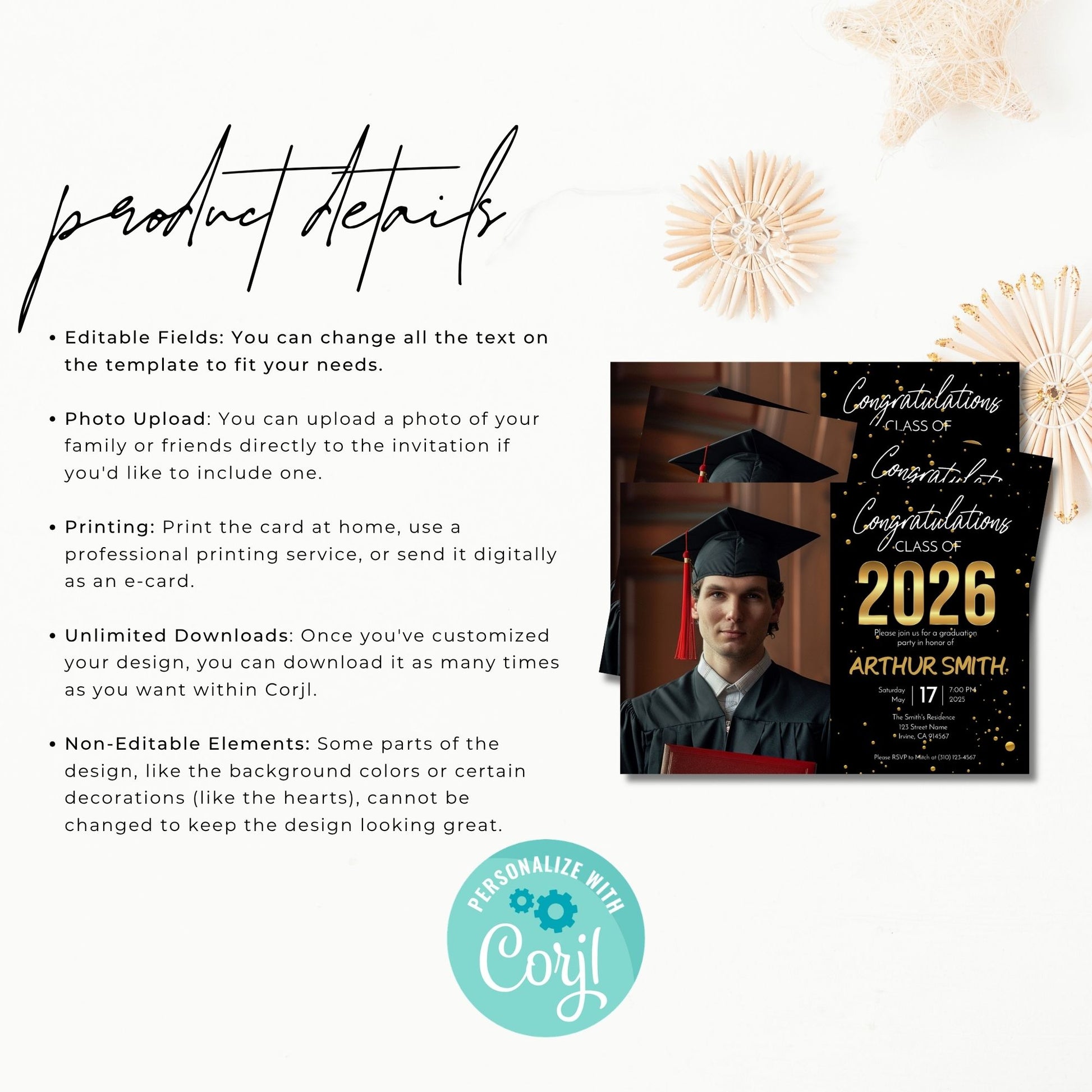 Product details for editable Class of 2026 graduation invitation template explaining editable text, photo upload option, unlimited downloads, printing choices, and non editable design elements.