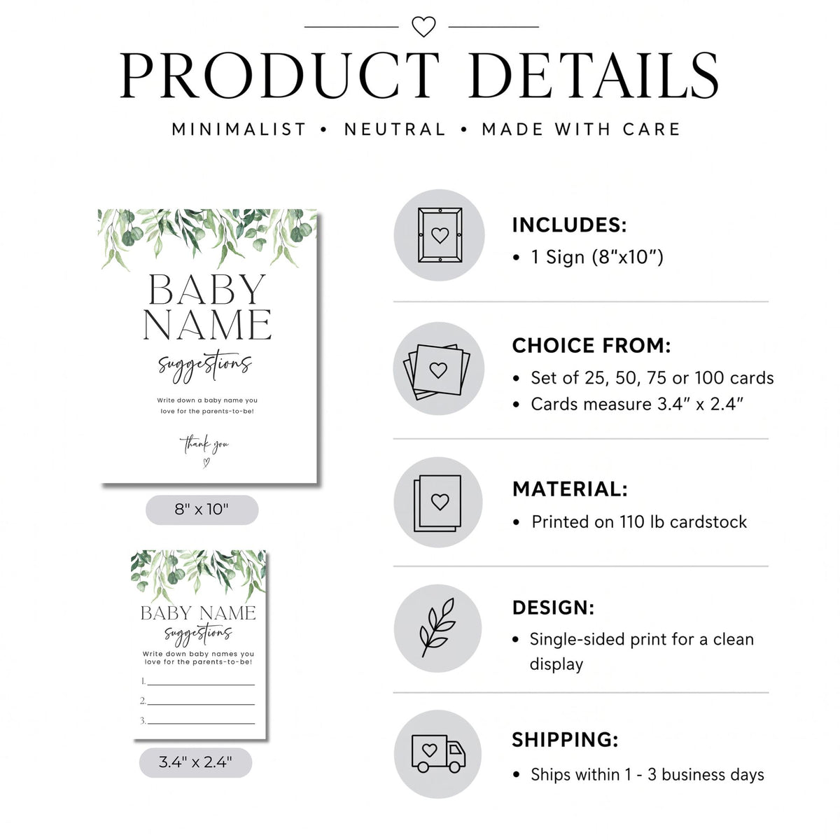 Product details for the greenery baby name suggestions game, including an 8x10 sign and 25, 50, 75, or 100 cards printed on 110 lb cardstock.