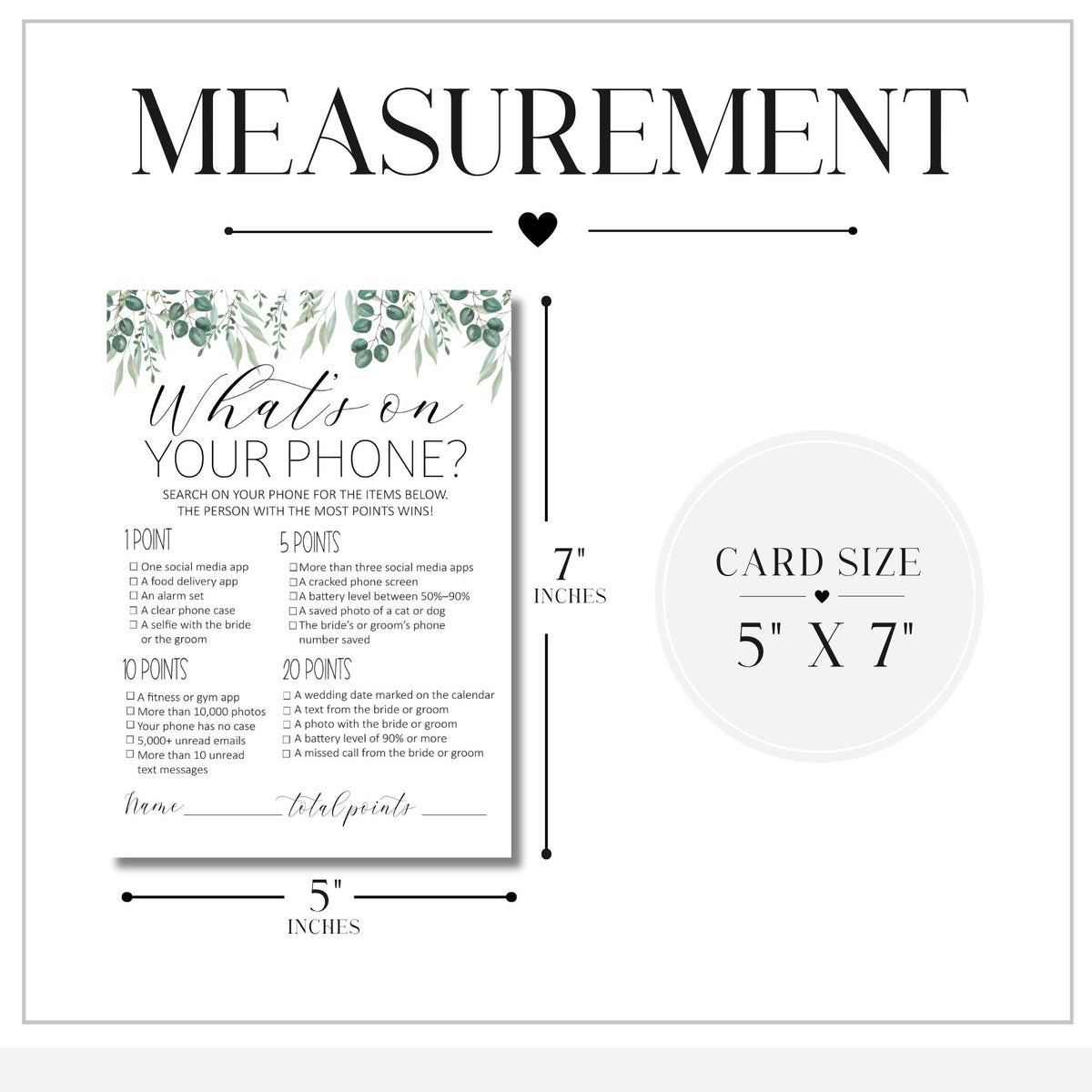 A measurement diagram for a phone-themed reward card, showing the card dimensions as 5 by 7 inches, with a watercolor greenery header and text reading 'What's on your phone?'.