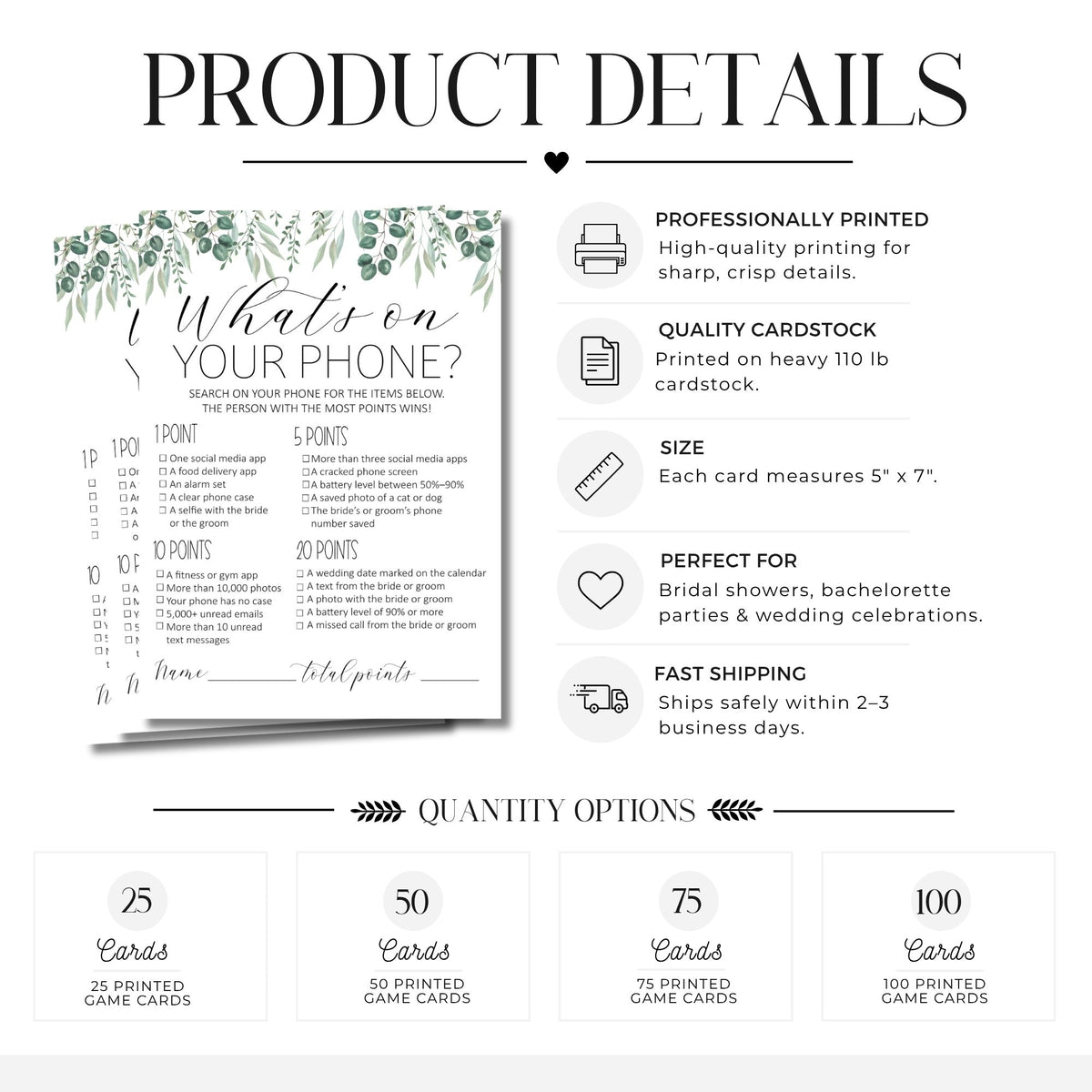 Product details graphic for a bridal shower game card set, showing a sample card with green floral accents and text, plus feature callouts for high-quality printing, 110 lb cardstock, 5 x 7 size, and fast shipping. Quantity options are listed at the bottom.
