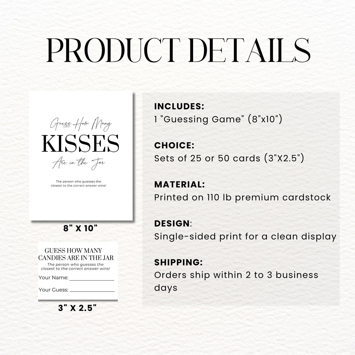 Product details of a guessing game set with cards and prints on a white background.