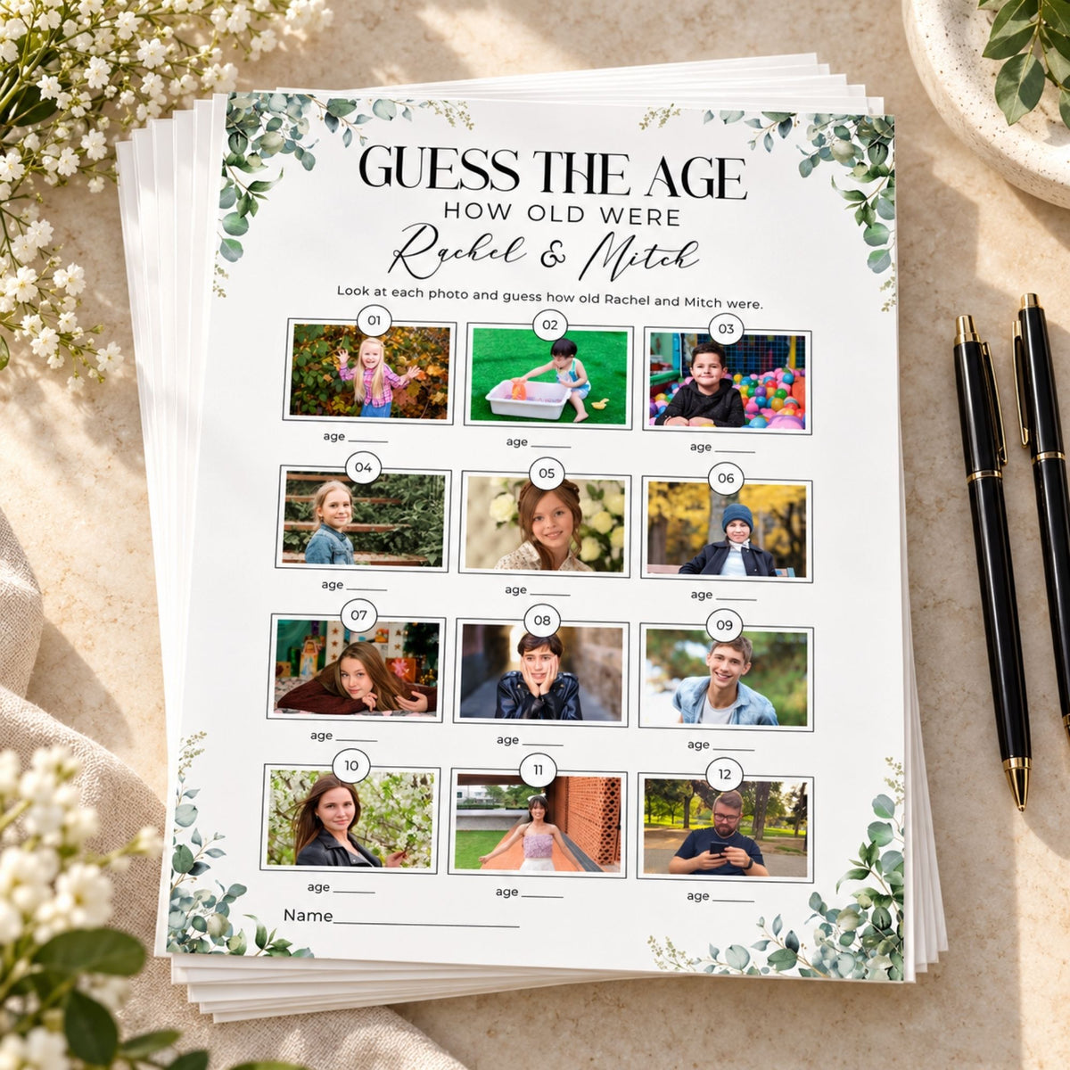 A stack of personalized age-guessing party games printed on white paper with green floral borders. The top sheet reads 'GUESS THE AGE HOW OLD WERE Rachel & Mitch' and shows multiple small photo frames with age circles overlaid.