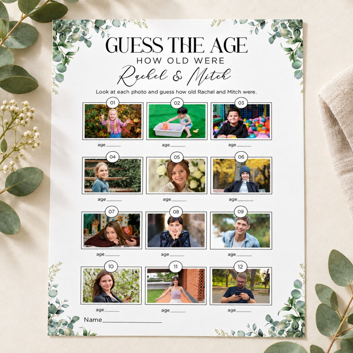 A personalized 'Guess the Age' party game worksheet featuring 12 photo grids with names and age clues, styled on a neutral fabric background with eucalyptus leaves.