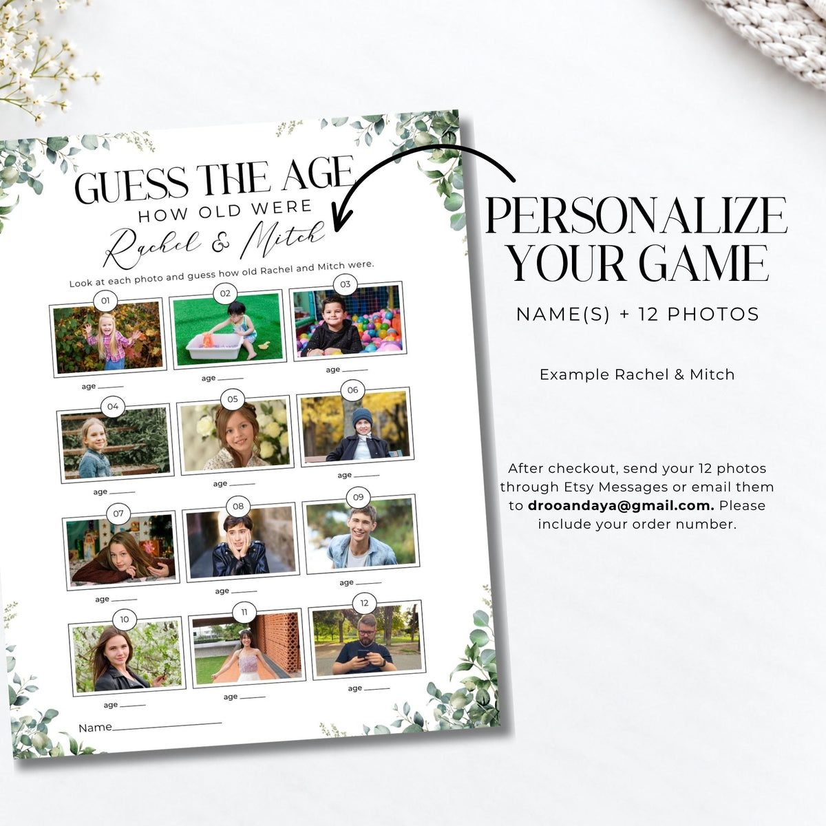 A personalized photo guess-the-age party game printout shown on a white background. The left side contains a printed game sheet with floral borders, sample photos of a couple, age-guessing text, and photo placeholders.