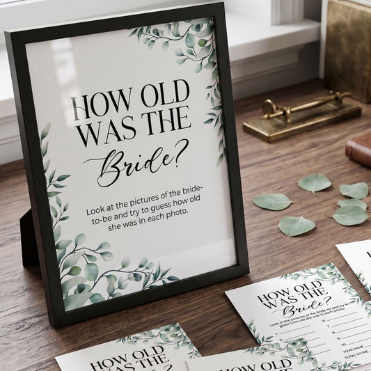 Framed question 'How old was the Bride?' with decorative elements on a wooden surface.