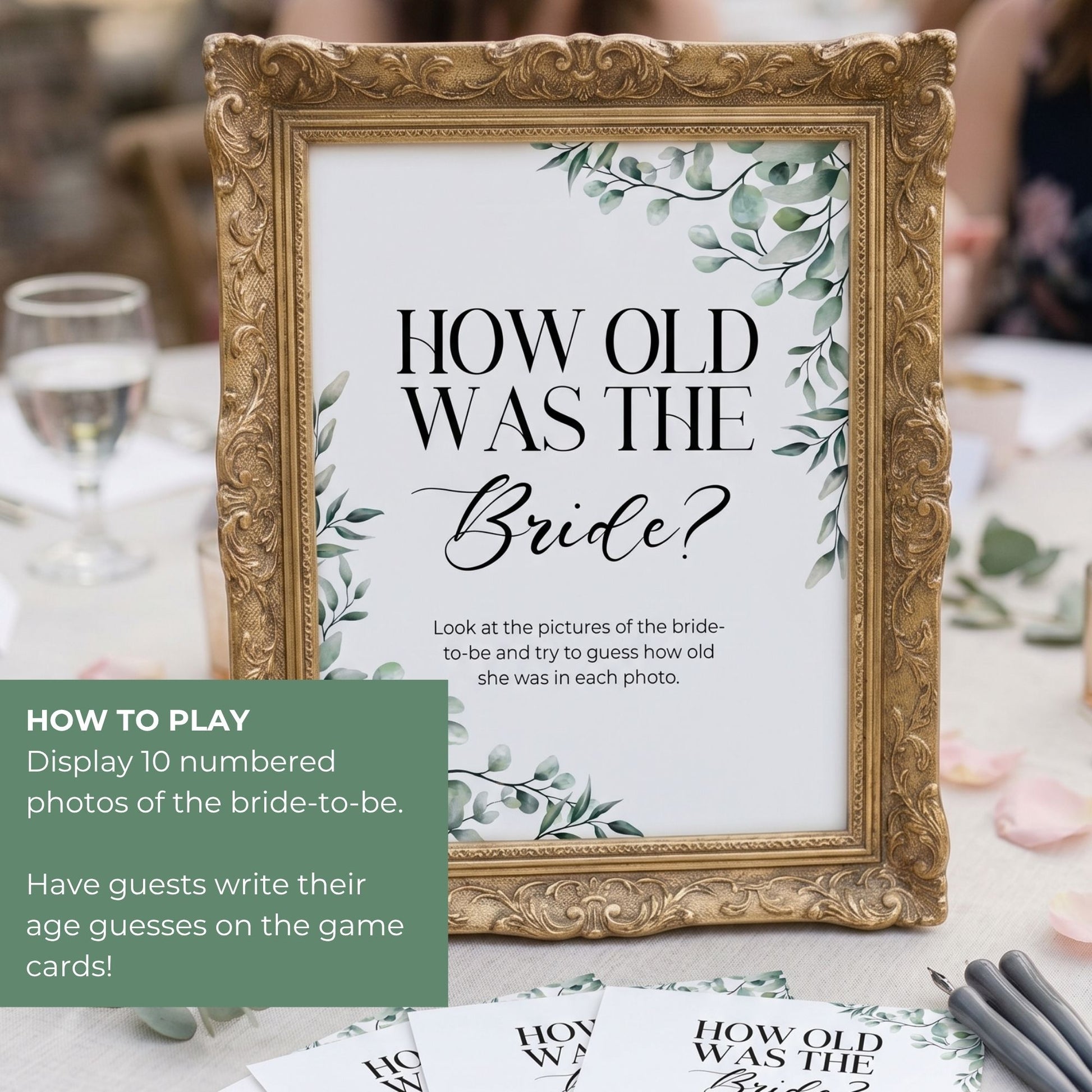 Decorative sign with 'How Old Was the Bride?' game on a table with glasses and flowers.