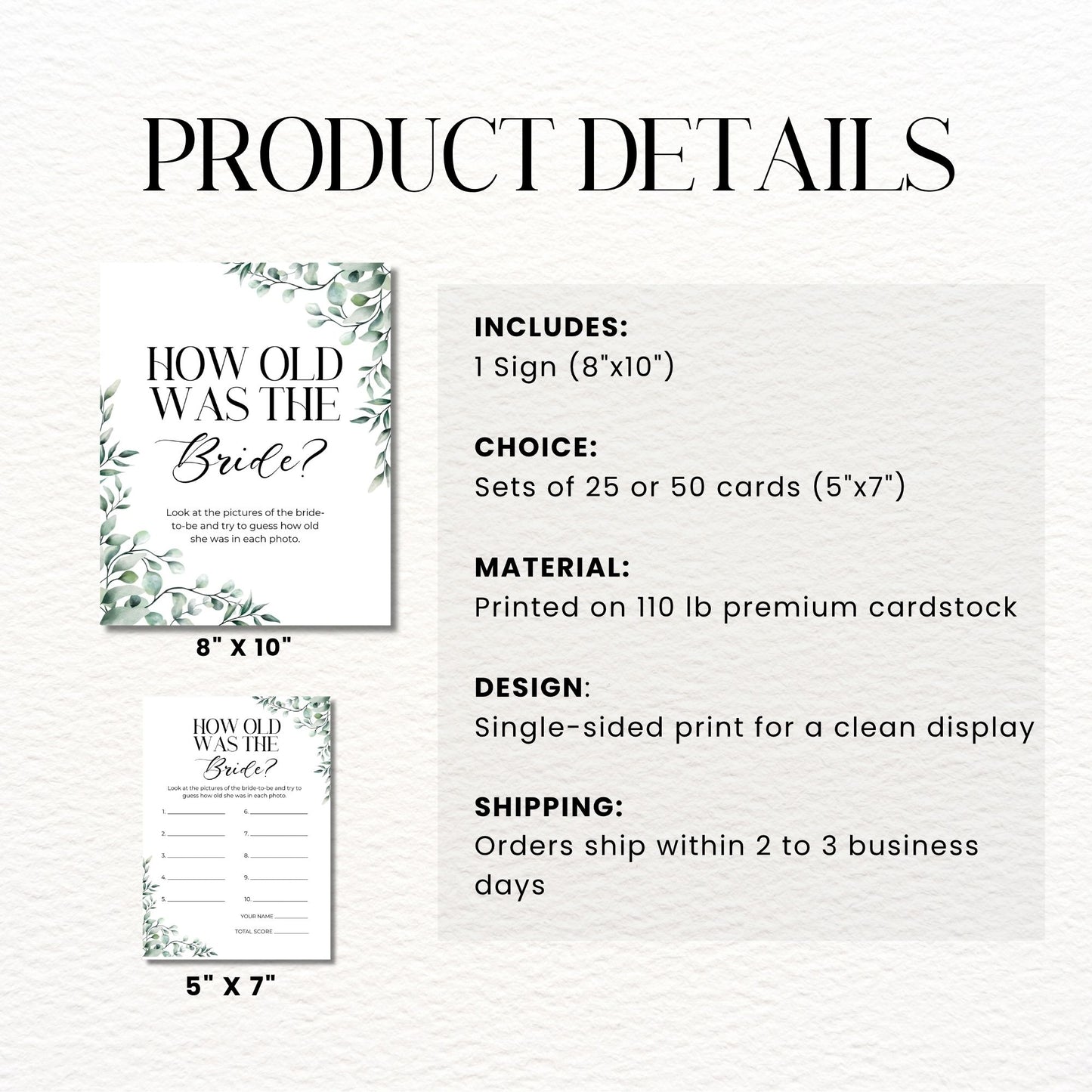 Product details of a bridal shower sign and cards with specifications on a white background.