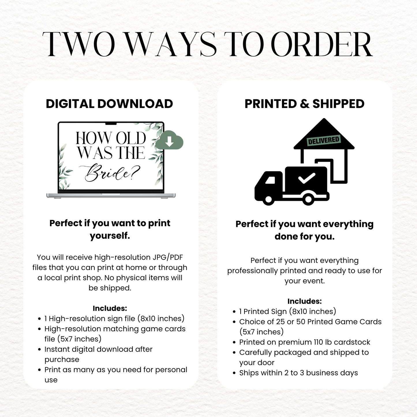 Two ways to order graphic with digital download and printed & shipped options.