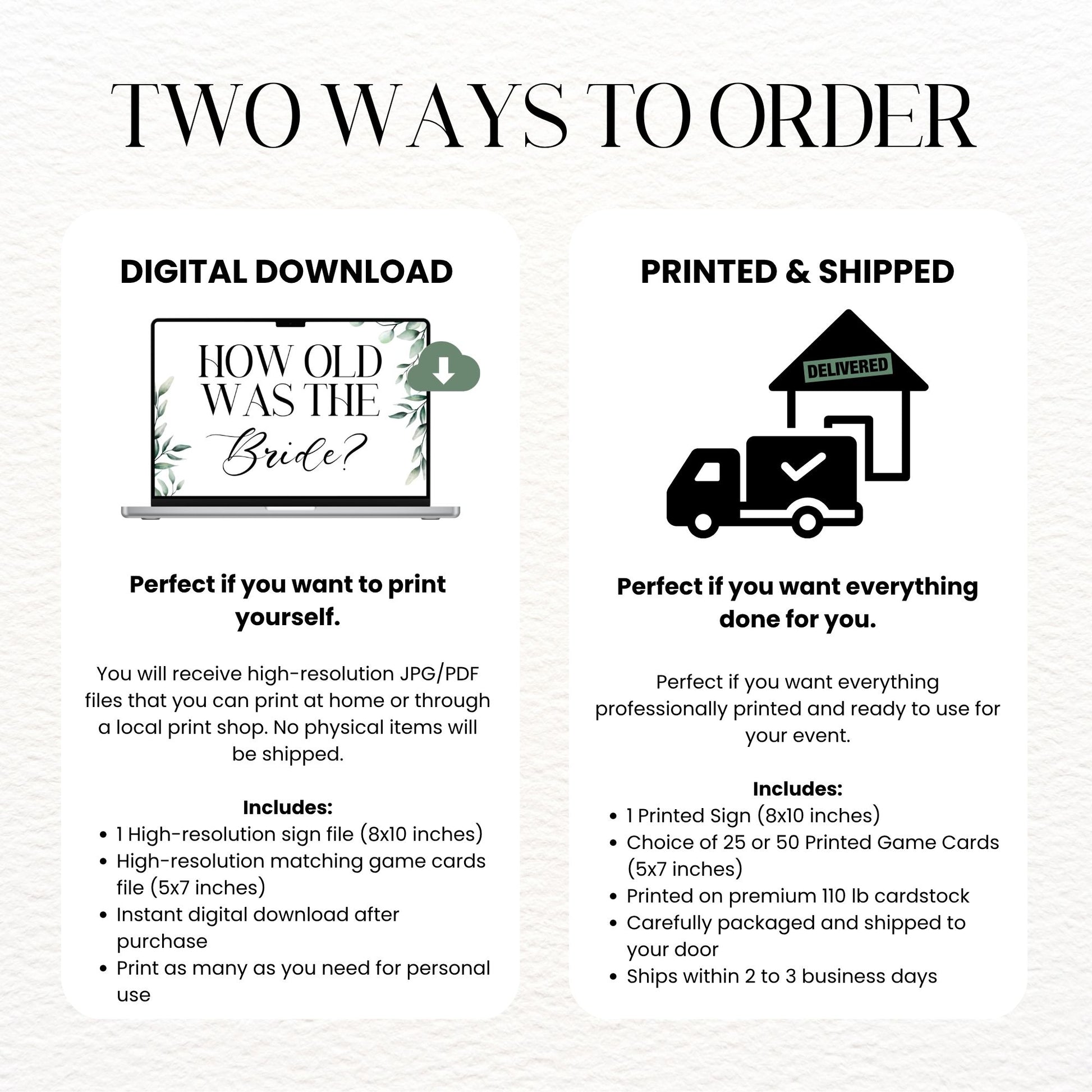 Two ways to order graphic with digital download and printed & shipped options.