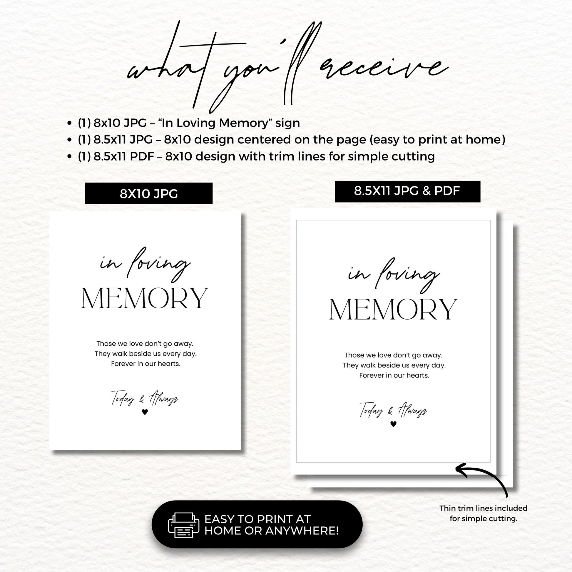 In Loving Memory Sign Printable, Memorial Service Sign, Funeral Table Decoration, Celebration of Life Digital Download, 8x10 JPG PDF