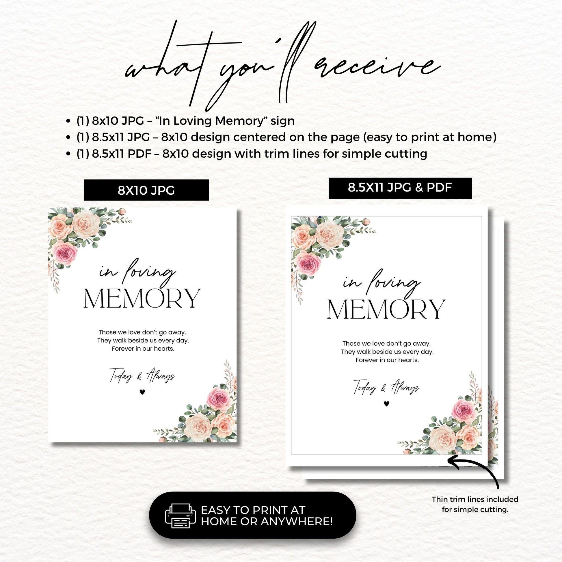 Memorial Sign Printable In Loving Memory Wall Art, Floral Sympathy Quote, Funeral Celebration of Life Decoration, Digital Download